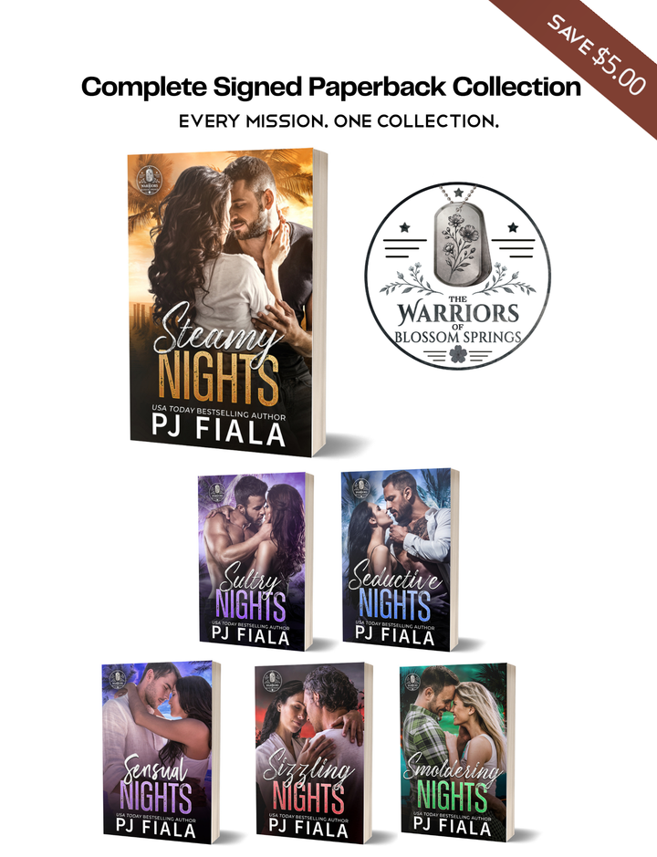 Promotional graphic for the Warriors of Blossom Springs Complete Signed Paperback Collection by USA Today bestselling author PJ Fiala. Five 3D paperback books are displayed: Steamy Nights, Sultry Nights, Seductive Nights, Sensual Nights, and Smoldering Nights. The Warriors of Blossom Springs series logo appears beside the books. The graphic reads "Complete Signed Paperback Collection," "Every Mission. One Collection." and includes a "Save $5.00" banner.
