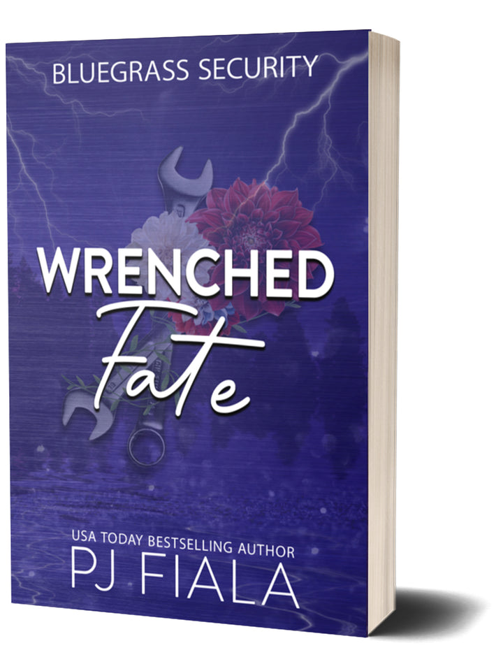The image displays the cover of a paperback book titled 'Wrenched Fate' by PJ Fiala. The cover features a striking design with a dark purple background, lightning bolts, and a prominent pink flower, creating a sense of tension and drama.